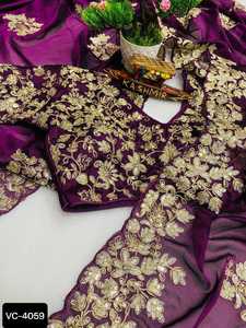 ผ้าซารีจอร์เจตต์ปักลายหนักสไตล์อินเดียและปากีสถาน สำหรับงานแต่งงานและงานเทศกาล  ผ้าซารีแฟนซีพร้อมเสื้อ - Product Image 3