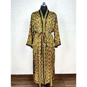 Recycled Vintage Silk Sari <b>Robe</b> Floral Print Boho House Kimono Dressing Gown <b>Beach</b> Coverup Anniversary Gift for Her Swimsuit - Product Image 1