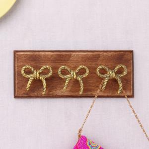 Handmade Bulk Decorative Wooden Wall Hook for Hanging Clothes with Gold Bow Metal Hooks for Bedroom WHK-2127 - Product Image 1