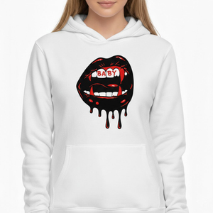 Sudadera con capucha de forro polar blanco para mujer con logotipo personalizado, venta al por mayor, estilo urbano, gráfico de labios de vampiro, sudadera pesada de invierno - Product Image 1