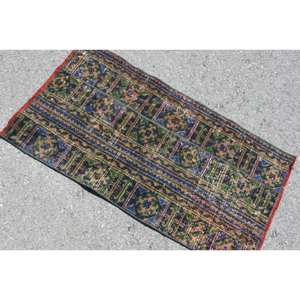 Tribal verde azul 2x3,7 pies alfombra turca hecha a mano tejido plano respaldo de látex Material de lana viscosa Patchwork para entrada de pasillo - Product Image 4