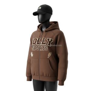 Sweat à capuche zippé pour femme en coton et polyester polaire, couleur marron, panneaux de manches, logo brodé personnalisé, style sportif, sweat à capuche basique zippé - Product Image 4