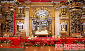 การตกแต่งเวทีงานแต่งงานแบบดั้งเดิมของแกรนด์การตกแต่งเวทีงานแต่งงานแบบเอเชียชุดรูปแบบสีทองที่สวยงาม - Product Image 3