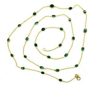 Handmade 925 Sterling Silver Gold Plated Jewelry Supplier Emerald Gemstone Ladies Wear Long Chain Necklace