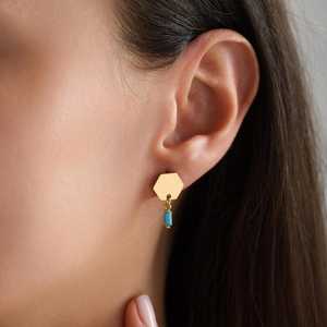 Personalized Birthstone Hexagon Turquoise Stud Earrings Dangle Drop Baguette Earrings 925 Sterling Silver 14K Gold Plated - Product Image 6