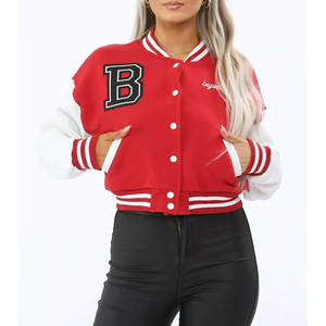 Genuine Leather Sleeve Women Cropped Lettermen <b>Jackets</b> Custom Logo Letterman Crop <b>Jacket</b> <b>for</b> Ladies Wholesale Wool Body - Product Image 3