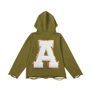 Olive Green Color French Terry Distress Hoodies with Pockets <b>Raw</b> Hem Regular Fit Unisex Winter Digital Printing for - Product Image 1