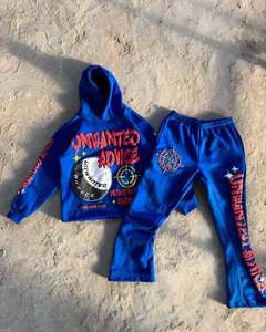 Ensemble sweat-shirt et pantalon de jogging bleu royal avec logo UNWANTED NOVICE imprimé graphique, streetwear, survêtement, coupe ample et oversize - Product Image 1