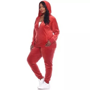Autumn Fall Women's <b>Red</b> Plus Size Polyester/Cotton 2-Piece Windproof Tracksuit with <b>Hoodie</b> & Trouser Velvet Detail Sportswear - Product Image 2