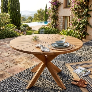 <b>Outdoor</b> Teak Wood <b>Round</b> Dining Set Sunburst <b>Table</b> Armchairs Solid Wooden Patio Garden Furniture Setup Art Design Decor - Product Image 2