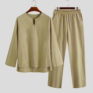 Collection printemps-été pour hommes haute qualité 100% coton col en V manches longues T-shirt pantalon costume imprimé deux pièces ensembles - Product Image 4