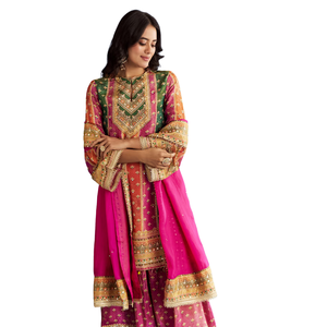 Kurta en tissu rose avec palazzo imprimé et organza Dupatta vente en gros de vêtements ethniques pour femmes ensemble fournisseur d'usine de vêtements OEM - Product Image 3
