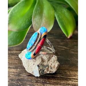 Navajo Handmade Cultural Collectible Ring Multi-Stone & Sterling Silver Inlay Size 4.75 - Product Image 4