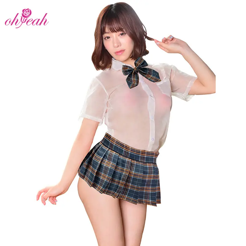 Navy Brown Gaun Wanita Asia Cantik Jepang Dewasa Lucu Seksi Rok Lingerie Set Dua Potong Kostum Transparan Dewasa