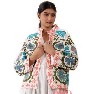 Women Boho Short Kimono Handmade Dyed Suzani Embroidered Cotton <b>Jacket</b> Open Front Free Size <b>Shrug</b> Coat Autumn - Product Image 1