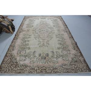 Alfombra turca Vintage de 6x10 pies, beige, marrón, clásico, rectangular, diseño de retazos, lana de ante, piel de conejo sintética, respaldo de látex, 4m de ancho - Product Image 1