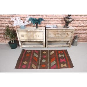 Turkish Vintage Small Rug 2.3x4.4 ft, Kilim <b>Brown</b> <b>Wool</b> Rug - Product Image 2