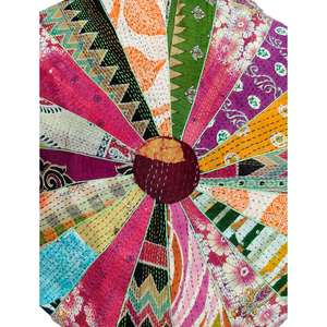 Funda de Cojín Redonda Hecha a Mano con Diseño Kantha Multicolor de 28x5 Pulgadas, Funda de Cojín de Lujo para Sofá de Algodón - Product Image 4