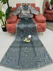 Nouveau Style Tendance Faux Georgette Fantaisie Prêt à Porter Séquence Patch Travail Saree et Fullstitched Blouse Saree pour les Femmes Porter - Product Image 5