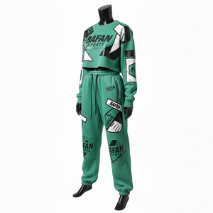 ชุดเซ็ตเสื้อครอปและกางเกงขายาวผ้าฟลีซผสมคอตตอนโพลีเอสเตอร์ 300 GSM พรีเมียม สีเขียว ดำ ขาว พิมพ์ลายโลโก้ สำหรับผู้หญิง - Product Image 4