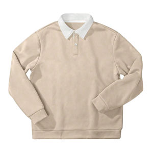 Sweat-shirt tissé à manches longues beige pour homme - 100% coton uni, pull décontracté d'hiver avec col blanc, boutons sur le devant, séchage rapide, 220g - Product Image 1