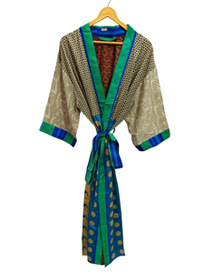 Bridal Robe Light Weight Silk Robe For <b>Woman</b> Night Wear Long Robe, Floral Print Indian Vintage Recycled Silk Sari <b>Kimono</b>, - Product Image 2