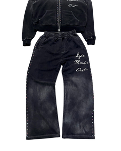 Conjunto de Sudadera con Capucha y Pantalones Cortos de Invierno Personalizado 100% Algodón con Pedrería, Lavado Ácido, Efecto Desgastado y Estampado Puff, Estilo Urbano con Cremallera - Product Image 6