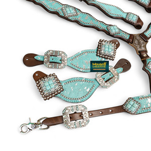 Juego de cabeza de caballo y cuello de pecho de cuero turquesa: lavado ácido plateado - Product Image 3