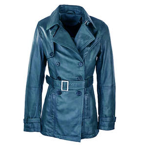 Veste longue personnalisée de qualité supérieure pour femmes bleu foncé en cuir d'agneau véritable imperméable à l'eau caractéristique Durable Faux cuir Shell - Product Image 1
