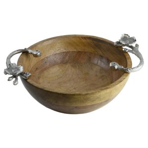 Cuenco de madera de Acacia para servir en forma redonda para utensilios de cocina, vajilla de mesa, cuenco para servir con mango de tallo de flor de Metal - Product Image 1