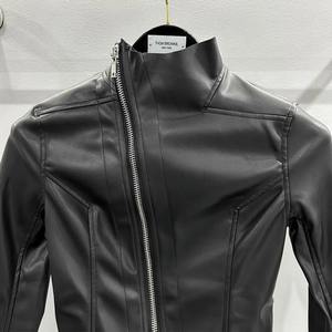 Women High Quality Spring Summer Turtleneck Jacket Streetwear Style PU Leather <b>Slimming</b> Thin Slant Zipper Wool Fur Dark Color - Product Image 3