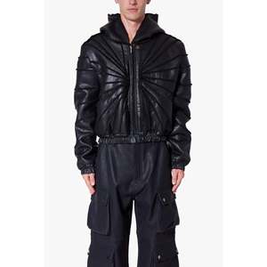 Sudadera corta con capucha de cuero negro - Product Image 3