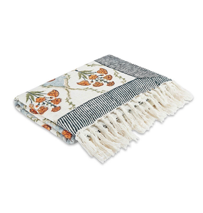 Throw <b>Blanket</b> Blue Orange Printed Floral Pattern Striped Border Eco-Friendly Breathable Skin-Friendly Modern Bedding Decorative - Product Image 4