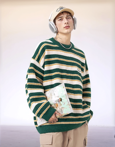 Haute qualité rétro rue couleur col rond rayé pull pull lettres broderie chaud pull en tricot ample - Product Image 5