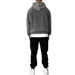 Nouveau haut de gamme en gros en détresse lavé à l'acide sweats à capuche à fermeture éclair épaule tombante poids lourd couleur unie surdimensionné sweats à capuche à fermeture éclair - Product Image 2