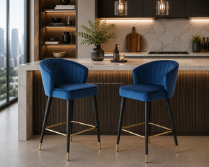 Silla de Bar Moderna de Terciopelo Azul con Estructura Metálica y Detalles Dorados para Uso en Bares Domésticos - Product Image 2