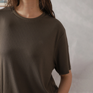 Y2K ensemble en tricot côtelé haut à manches courtes avec pantalon à taille élastique solide marron deux pièces femmes décontracté Streetwear tenue - Product Image 3