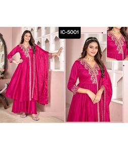 Seda de Vichitra de estilo indio y pakistaní con trabajo de bordado con traje Salwae Kameez interior completo con Dupatta con talla grande - Product Image 1
