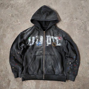 เสื้อฮู้ดสตรีทแวร์ผ้าฝ้ายแท้ 100% ล้างแล้ว ตกแต่งด้วยอัญมณ์ พร้อมโลโก้สกรีนแบบทำเก่า สไตล์แฟชั่นคนเมือง ขายส่ง - Product Image 2