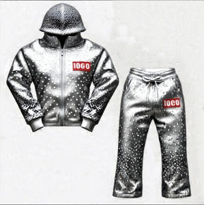 Chándal de lavado de ácido rojo personalizado para hombre, chándal de invierno con etiqueta de punto transpirable con diamantes de imitación blancos, talla XL - Product Image 5