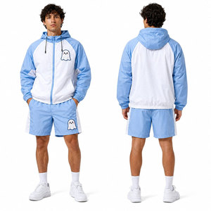 Conjunto de pantalones cortos cortavientos con capucha y cremallera para hombre, estampado de fantasmas de dibujos animados, azul, blanco, de secado rápido, ropa informal de verano para exteriores - Product Image 2