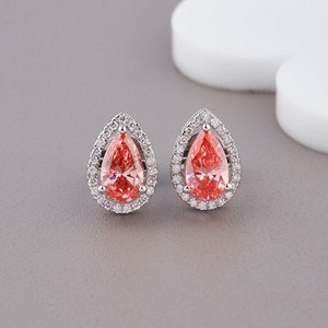 IGI Certified Pear Cut Pink Lab Grown Diamond Halo Stud <b>Earrings</b> 14K White / Yellow / Rose Gold Teardrop Diamond <b>Earrings</b> - Product Image 1