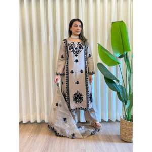 Kameez Shalwar Pallazzo gris en soie ethnique pakistanaise à manches longues, dupatta en organza, vente en gros en Inde, Farshi modeste ethnique - Product Image 1