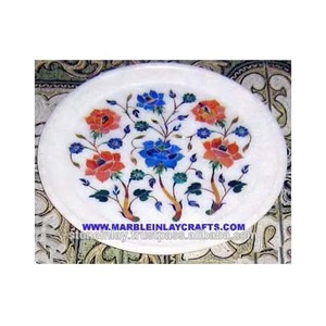 Handmade White Marble Inlay Work Round Shape Flower Design With High Standard Quality For Business Gifting And Home Decoration - Product Image 1