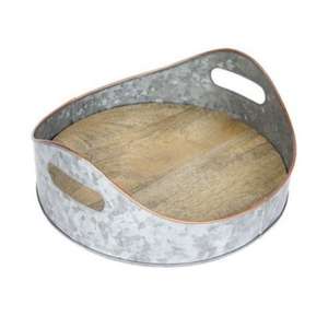 Bandeja de comida de lata galvanizada redonda rústica con acento de madera Bandeja de servicio de metal elegante para cocina Hogar y elementos esenciales de mesa - Product Image 1
