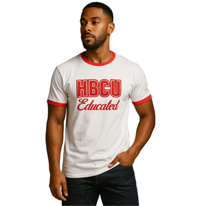 Hbcu เสื้อยืดผู้ชายทางการศึกษา chenille ตัดความคมชัดสีขาวกับสีแดงปักตัวอักษรผ้าฝ้ายนุ่มเครื่องแต่งกายวิทยาลัย - Product Image 1