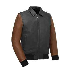 Veste bomber en cuir pour homme Rider Pro, noire et cognac, en cuir de vache, veste de moto avec poches pour protections, veste de motard - Product Image 1