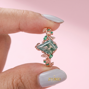 Anillo de compromiso de ágata musgosa Kite y esmeralda con diseño de hoja de vid en oro macizo de 10K, joyería nupcial botánica inspirada en la naturaleza - Product Image 1