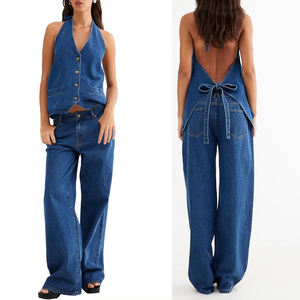 Costume en jean pour femme dans un lavage de couleur unique avec coutures contrastées Costume en jean orné pour femme - Product Image 6