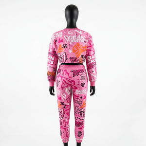 Ensemble sweat-shirt court et pantalon de jogging en polyester et élasthanne premium 220 GSM, rose, imprimé intégral, logo sublimation, pour femme - Product Image 5